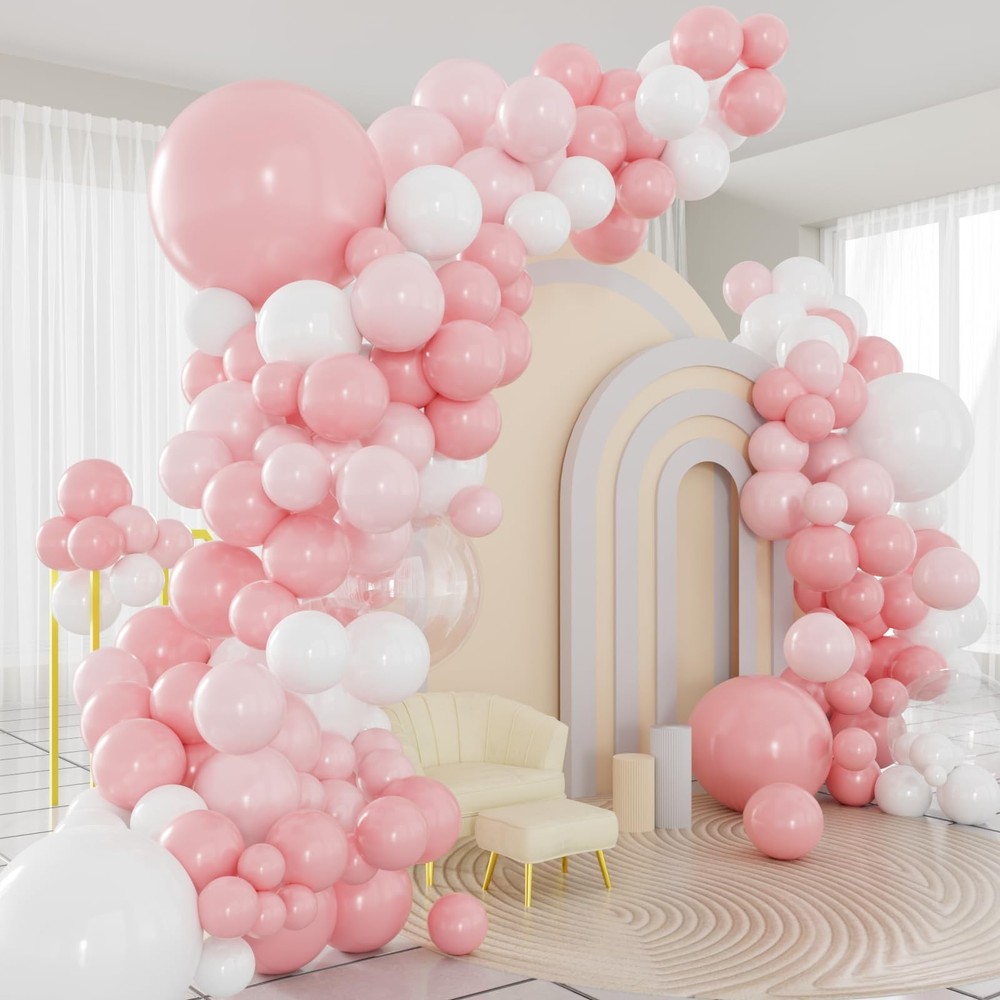 Pink and White Balloons Arch Kit, 124pcs Light Pink White Transparent Balloon…