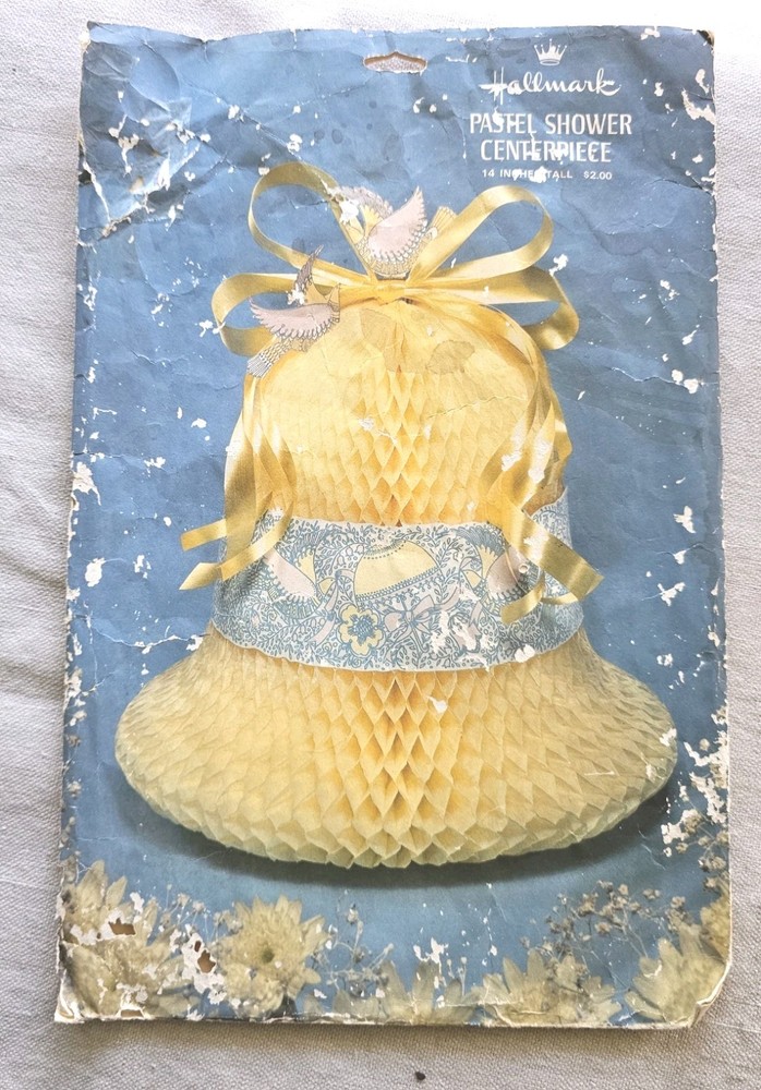 Vintage 1970s Hallmark Yellow Pastel Shower Tissue Bell Centerpiece 14″