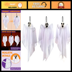 3 PCS Halloween Hanging Ghosts 27.5″ – Cute Flying Decorations for Yard, Patio,