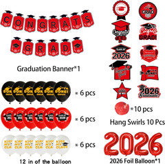 Graduation Party Decorations 2026–Black Red Grad Banner, Class of Backdrop, Ball
