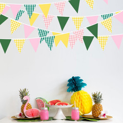 32Ft Camp Bride Party Decorations Pink Green Yellow Gingham Fabric Triangle Bann