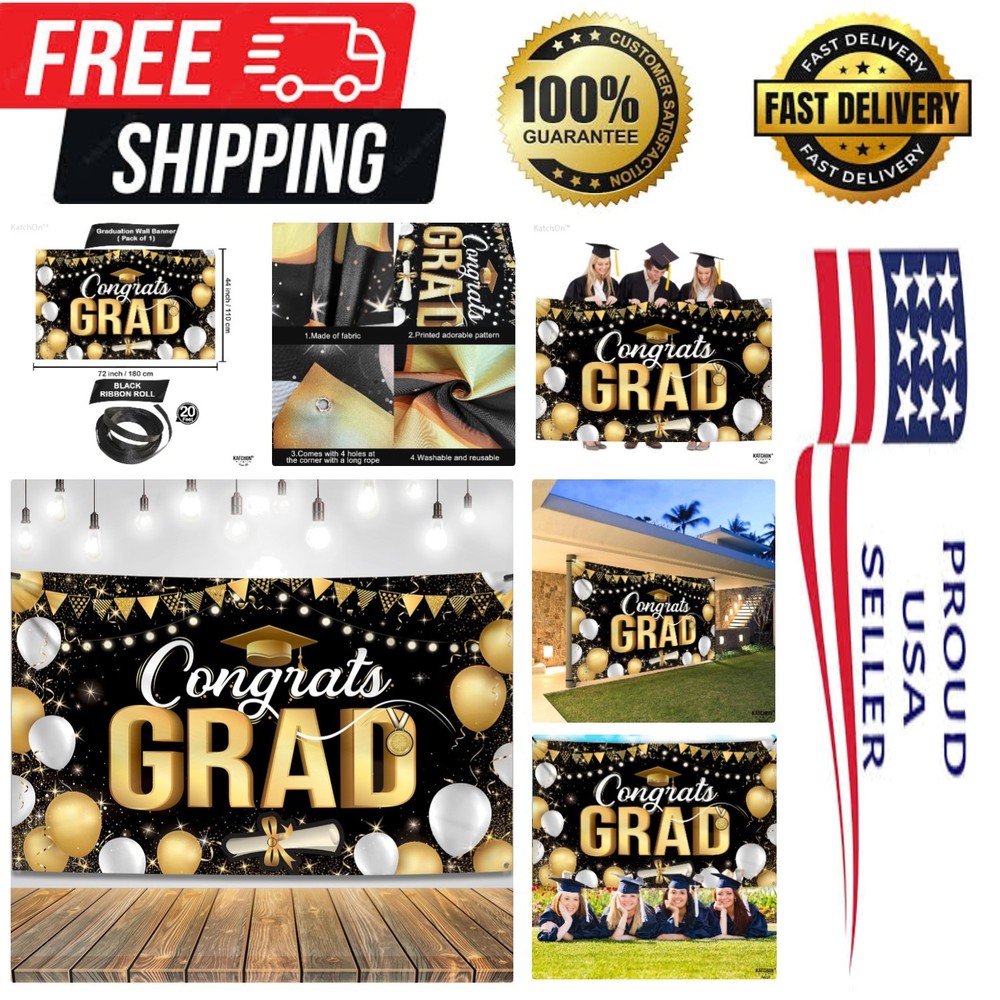 Stunning 72×44 Inch Black and Gold Congrats Grad Banner for 2026 Celebrations