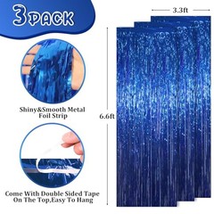 3 Pack 3.3×8.2 Feet Blue Foil Fringe Backdrop Curtains, Tinsel 13 Dark Blue