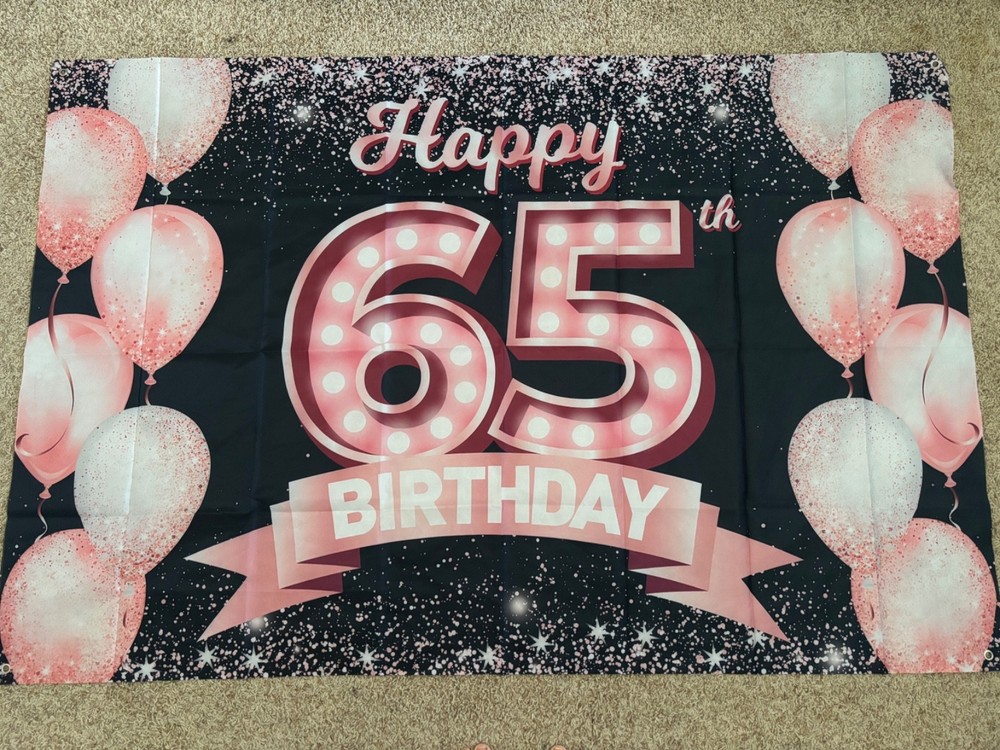 HAPPY 65th BIRTHDAY Pink and Black Birthday Banner Polyester Fabric