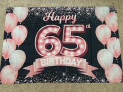 HAPPY 65th BIRTHDAY Pink and Black Birthday Banner Polyester Fabric