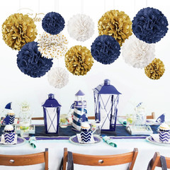 Wedding Party Decorations – 12 PCS Navy Blue and Gold Tissue Paper Pom Poms for
