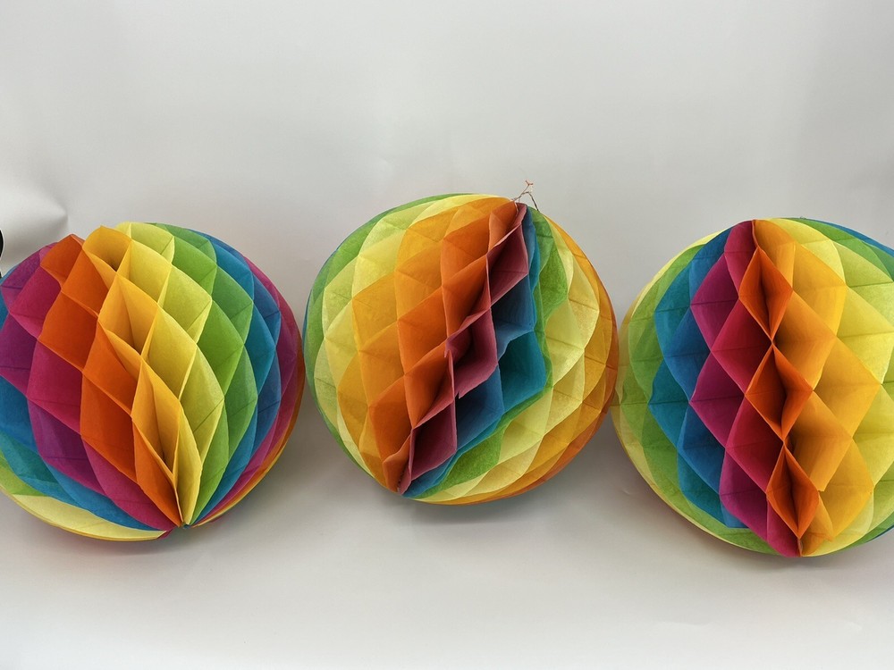 Vintage Multicolor Honeycomb Tissue Paper Ball Decor Lot of 3 14” Diameter