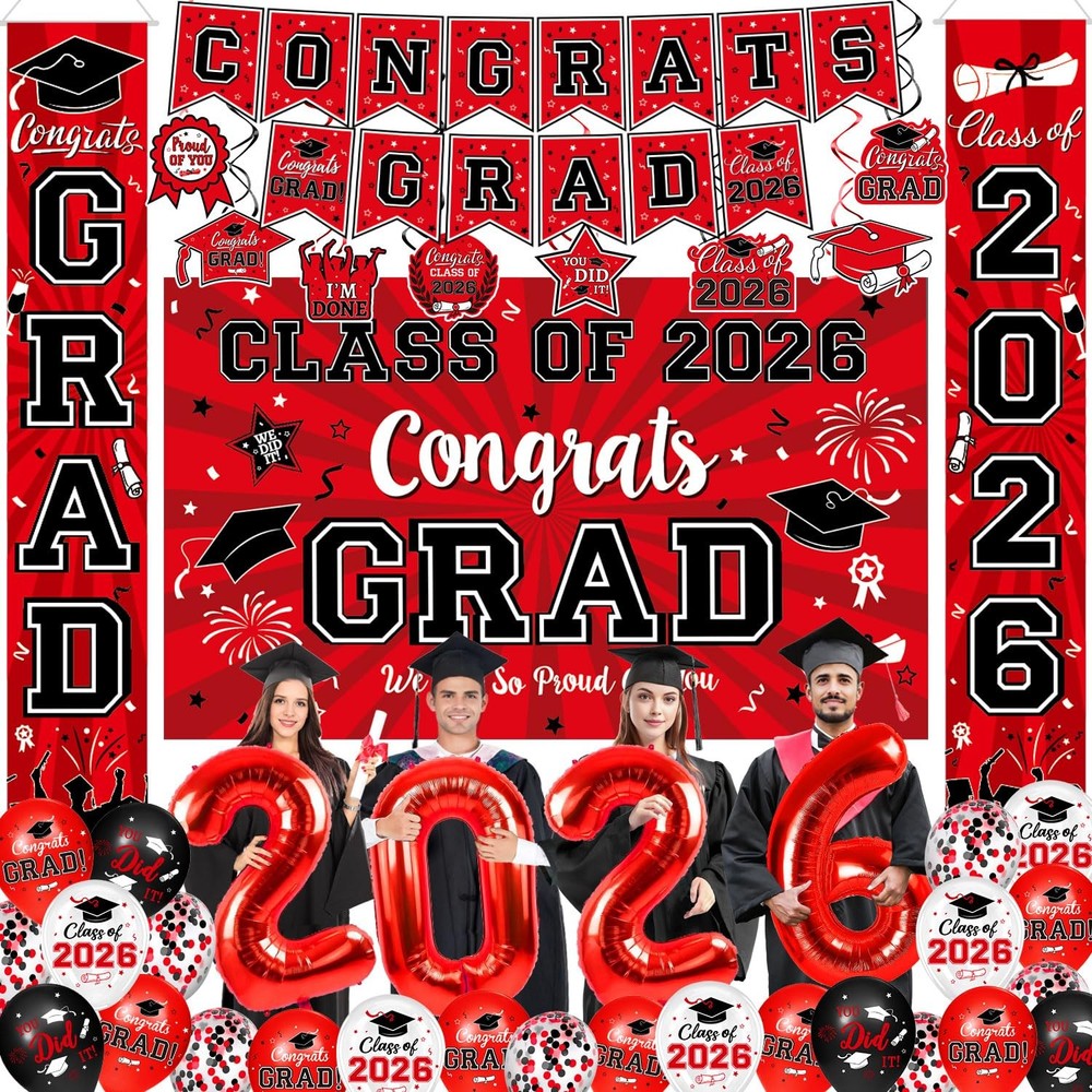 Graduation Decorations Class of 2026 – Red Party Supplies A1