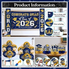 Navy Blue & Gold Graduation Decorations 2026 Set – Congrats Grad Banner, Balloon