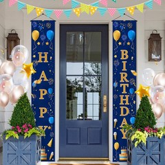 Door Banner 12×71 Inch Vertical Hanging Decoration Gold Blue Happy Letter Sig…