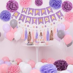 Purple Pink Birthday Party Decorations Set With Happy Birthday Banner, Tissue