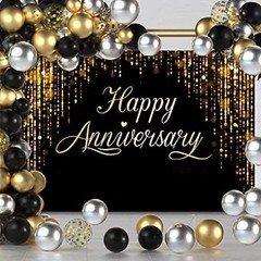 Happy Anniversary Backdrop Party Decorations, Black Gold Glitter Bokeh Dots W…