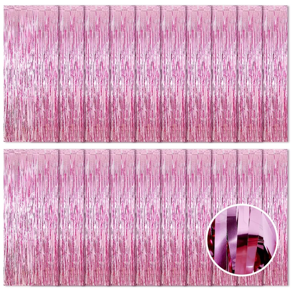 Pink Foil Fringe Backdrop Curtains 3.2×8.2ft Metallic Tinsel 20 Pack