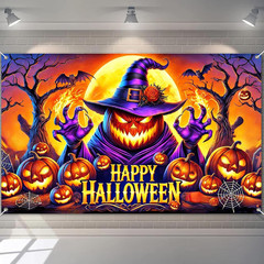 Halloween Banner 71×43 Inches Spooky Pumpkin Witch Decor Horror Party Backdrop H