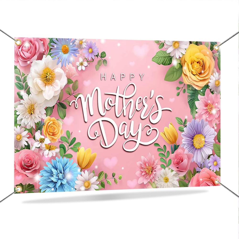 Mother’s Day Backdrop Pink Flowers Happy Mothers Day Banner Backdrop for Photogr