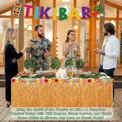 22 Pcs Tiki Bar Hut Decorations Kit with Banner 20 Tropical Palm Leaves and 108