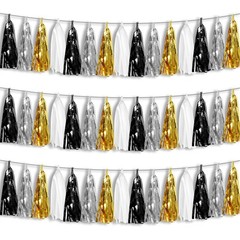 3P Black Gold Silver Foil Fringe Metallic Tassel Garland, Tassels Banner Stre…