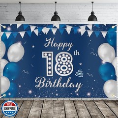 JOYKY Happy 18th Birthday Banner, Blue Silver Happy 18th Birthday Party Decor