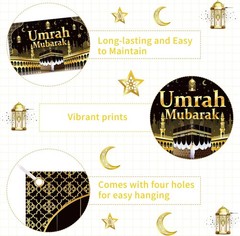 Umrah Mubarak Banner Party Decorations, Gold & Black Backdrop Islamic Party Sup