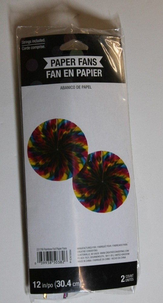 Rainbow Foil Paper Fans 12 inches – 2 count – open package outdoor party