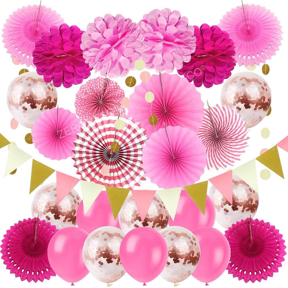 Party Hanging Paper Fans Set, Pink Confetti Balloons Decorative Folding Fans …