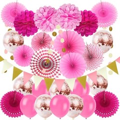 Party Hanging Paper Fans Set, Pink Confetti Balloons Decorative Folding Fans …