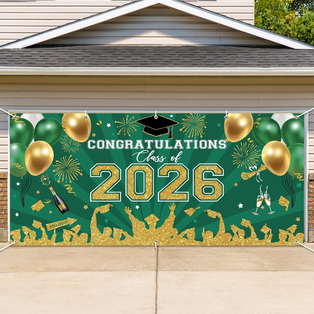 2026 Graduation Garage Door Banner 6 x 13 ft, Green Gold