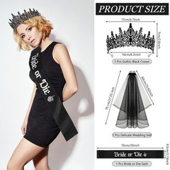3 Pcs Gothic Bachelorette Party Set – Bride Crown, Veil & Sash for Halloween Wed