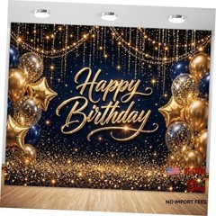 7x5ft Navy Blue and Gold Happy Birthday Backdrop for Men Adults, 215x150cm