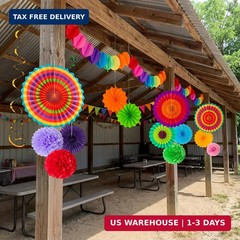 35PCS Fiesta Paper Fan Party Decorations Set – Cinco De Mayo Pom Poms,Pre-assemb