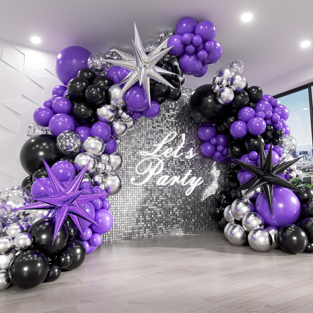 Balloon Arch Kit with Purple Black Metallic Silver Confetti Foil Balloons