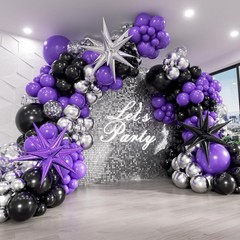 Balloon Arch Kit with Purple Black Metallic Silver Confetti Foil Balloons