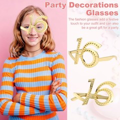 6-Pack Birthday Glasses with Rhinestones, 16th Photo Booth Props [Gold]