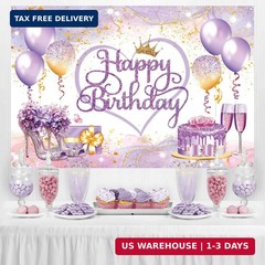 Purple Gold Happy Birthday Banner Backdrop Pink Purple Sign Birthday Decorations