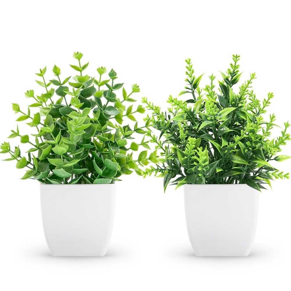 ZJIA 2 Pack Small Fake Plants Artificial Greenery 7.18″H × 4.7″W, White