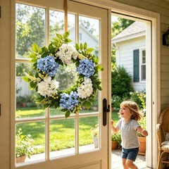 Beautiful White And Blue Hydrangea Wreath For Home Decoration Indoor Outdoor