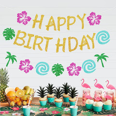 Glittery Gold Tropical Birthday Banner – DIY Luau Party Decorations, Island Adve