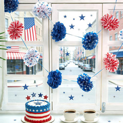 Red White and Blue Tissue Paper Pom Pom Garlands, Patriotic Decorations, Paper P