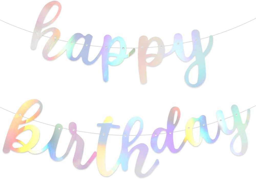Holographic Happy Birthday Banner,Pre Strung Iridescent Birthday Party Decoratio