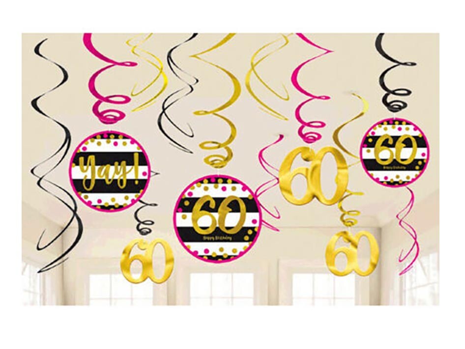 Pink & Gold 60th Birthday Hanging Swirl Decorations Sixtieth Birthday Party ~ 12