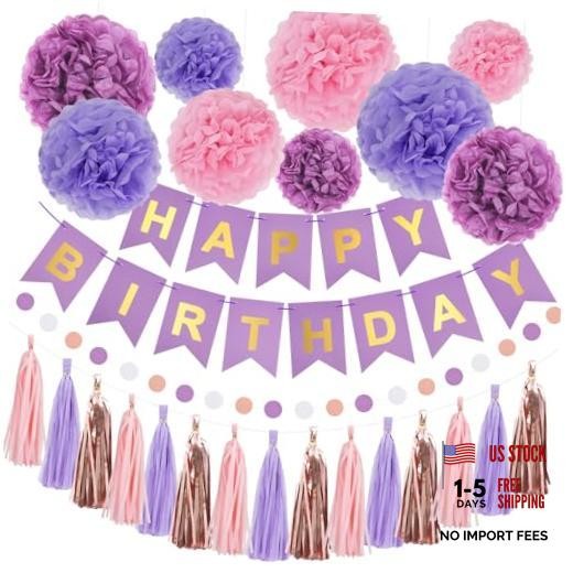 Purple Pink Birthday Party Decorations Set With Happy Birthday Banner, Tissue