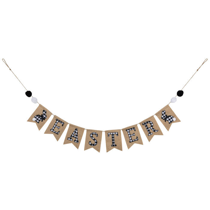 Natural and black and white buffalo plaid Easter banner 81″ party decor