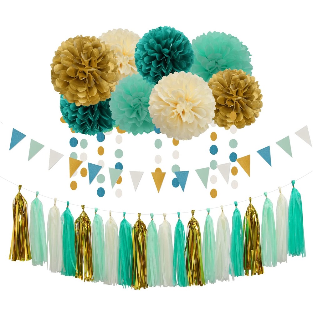 Teal-Blue Mint Beige-Gold Party Decorations – 30pcs Rustic Wedding Tissue Pom