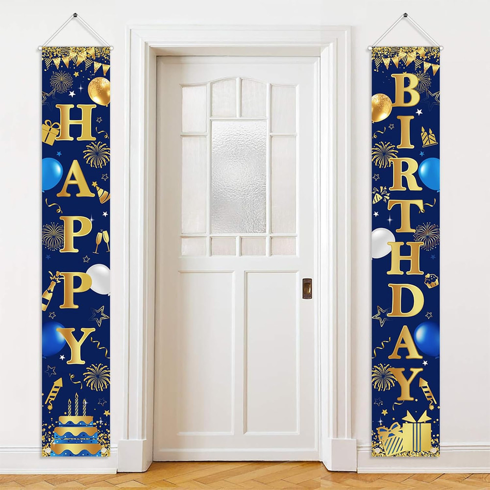 Happy Birthday Door Banner Navy Blue and Gold Birthday Decorations for Men Women
