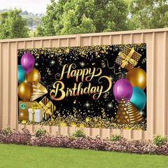 Black and Gold Birthday Party Backdrop Glitter Black Gold Balloon Happy Birthday