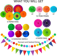 32Pcs Cinco De Mayo Decorations Fiesta Party Decorations Multi-Color Paper Fans