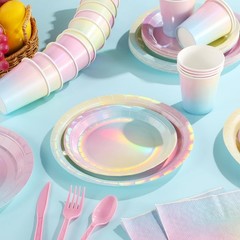 Iridescent Rainbow Party Supplies – 25 Holographic Plates, Cups & Napkins for Ev