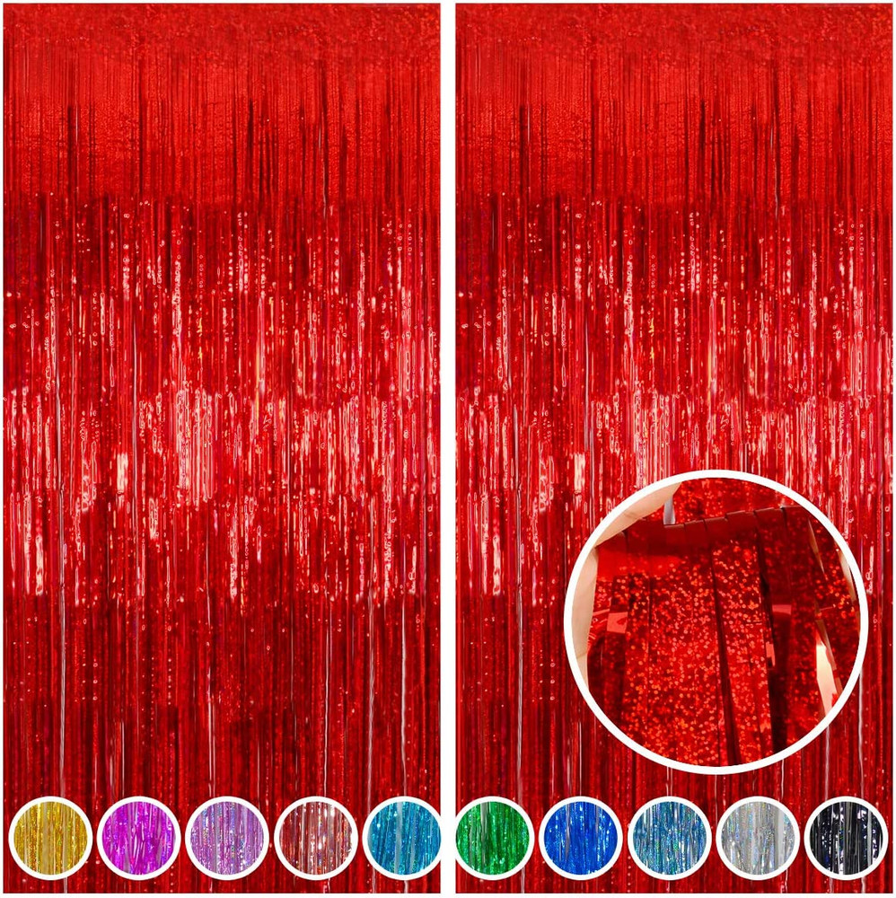 Red Tinsel Foil Fringe Curtains – 2 Pack Party Backdrop 3.2×8 ft