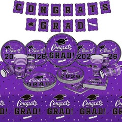 Purple Graduation Dinnerware Set for 25 Guests with Banner and Tablecloth