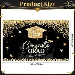 2026 Graduation Decorations Black and Gold Backdrop 71×43 inch for Grad Party